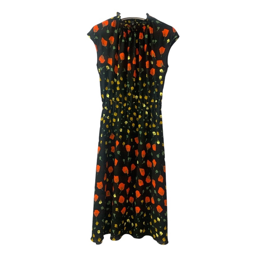 Banana Republic Floral Print Midi Dress Black 6 Elastic Neckline & Waist Career